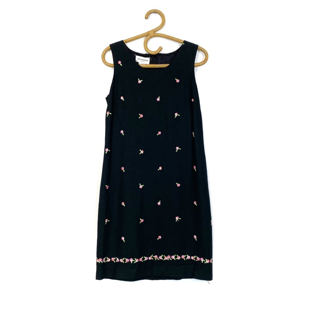 Vintage | Jack Mulqueen |‎ Linen Blend Black Mini Dress Floral Embroidery Size 8